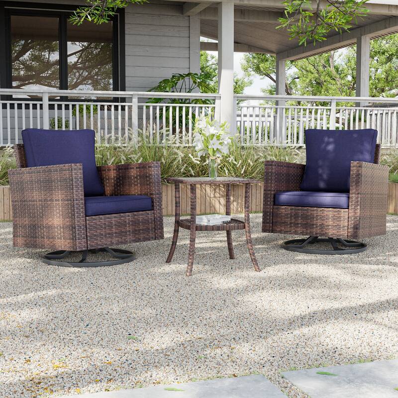 LIVOOSUN 3-Piece Patio Sofa Set Outdoor Rattan Swivel Rocking Chair Glass Table