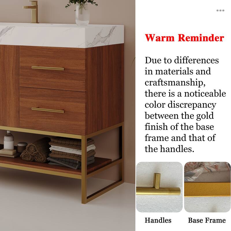 GDFStudio - Luxury 36" Freestanding Sintered Stone Bathroom Vanity with Seamless Ceramic Sink, Open Storage & Soft-Close Drawers