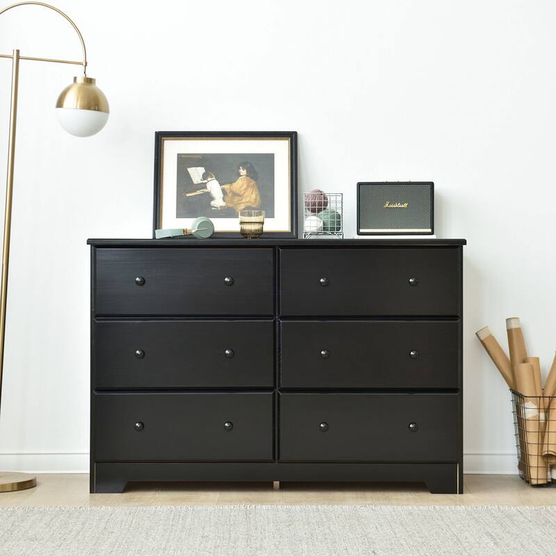 Solid Pine Wood 6-Drawer Double Dresser in Black Finish with Wide Storage and Smooth Gliding Drawer Hardware