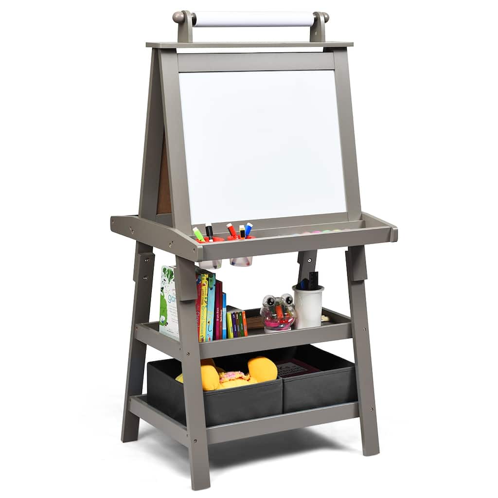 Grey 3-in-1 Kids Art Easel with Double-Sided Blackboard Whiteboard Paper Roll and Storage - 23.5" x 19.5" x 46" (L x W x H)