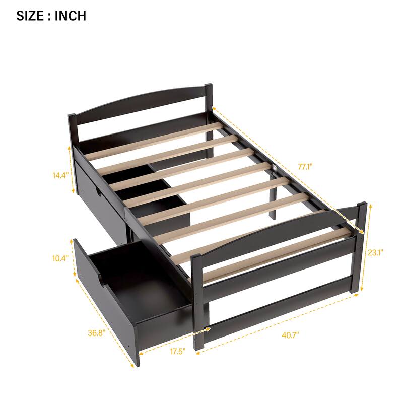 Twin Size Platform Bed with 2 Drawers in Espresso Finish, Space-Saving Storage