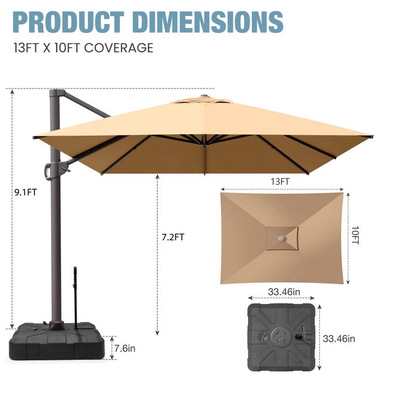 VredHom 10 x 13 Ft Outdoor Wind Vent Cantilever Patio Umbrella with Rod Base