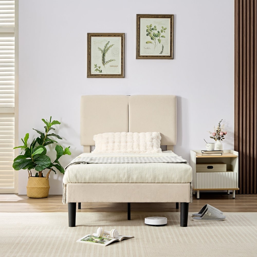 Javlergo Upholstered Platform Bed Frame with 2 USB Charging Station & Adjustable Headboard, No Box Spring Needed