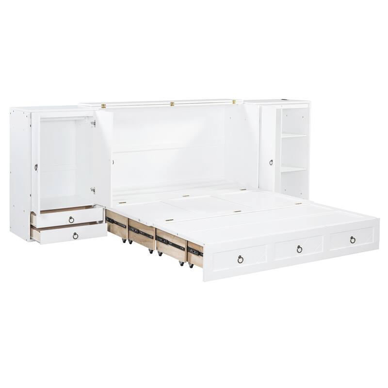 Queen Size Solid Wood Murphy Bed with Charging Station, Built-In Wardrobes, Drawers, and Foldable Cabinet Design