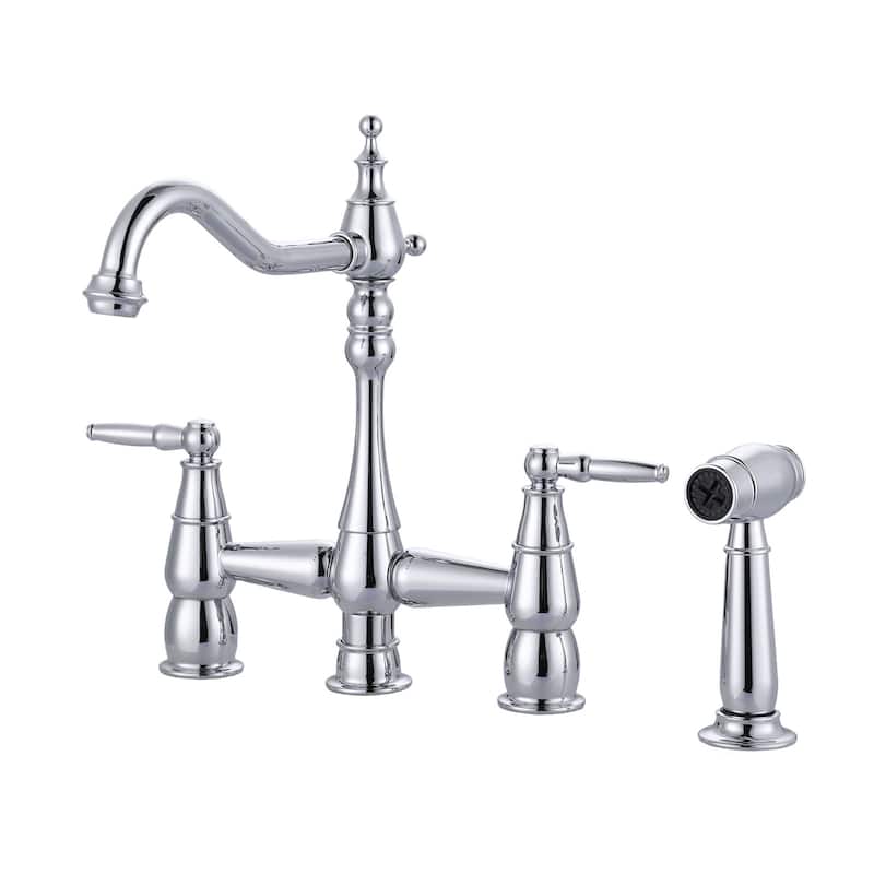 WOWOW 4 Hole Double Handle Bridge Kitchen Faucet with Side Sprayer - Polished Chrome