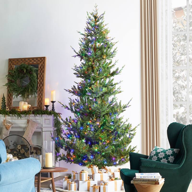 Glitzhome 7.5ft/9ft Pre-Lit Green Upward Slim Fir Artificial Christmas Tree with Foot Pedal Remote Control - 9FT