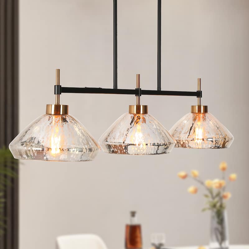 Flyn Modern 3-Light Linear Island Chandelier with Mercury Glass Pendant for Kitchen Island Dining Room