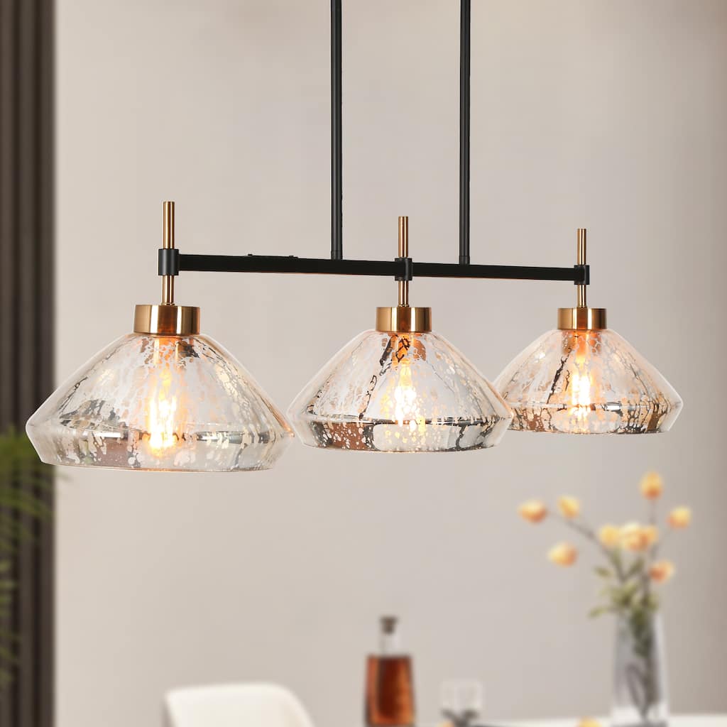 Flyn Modern 3-Light Linear Island Chandelier with Mercury Glass Pendant for Kitchen Island Dining Room