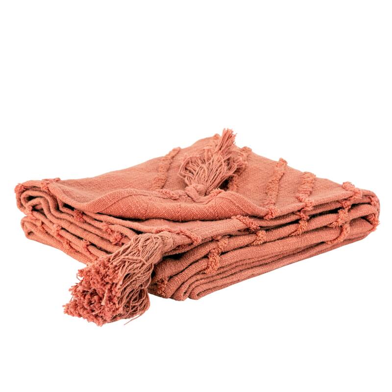 HomeRoots 50" X 60" Coral Cotton Woven Geometric Throw Blanket with Tassels
