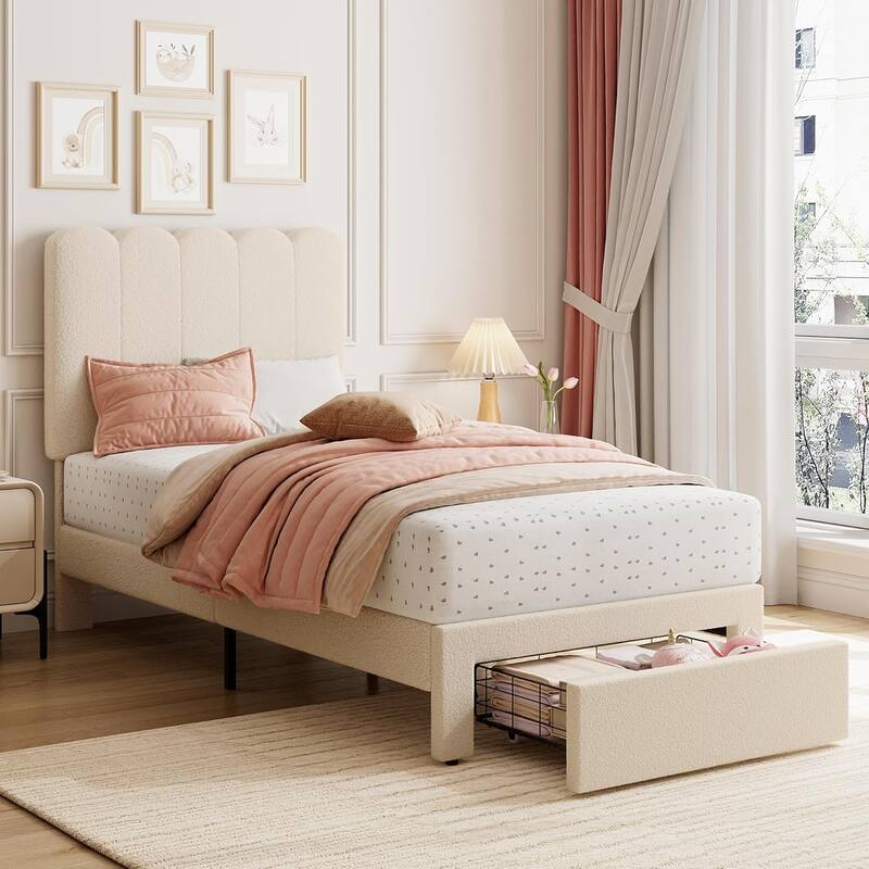 Twin Velvet Upholstered Platform Bed Frame with Wave Headboard & Drawer, No Box Spring Needed, Wood Slats, Noiseless - Twin - White Boucle