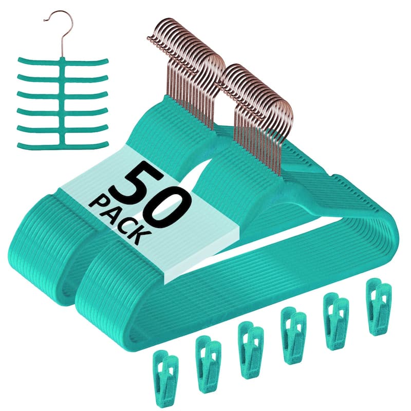 Javlergo 50/100 Pack Velvet Hangers, Heavy Duty Non Slip & Space-Saving Cloth Hangers with 6 Finger Clips & Tie Rack - 50 Packs - Green
