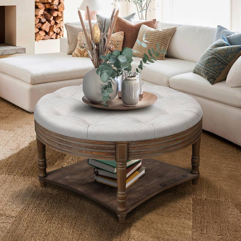 Large Round WaterProof Ottoman Coffee Table with Wooden Shelf Storage - Grey