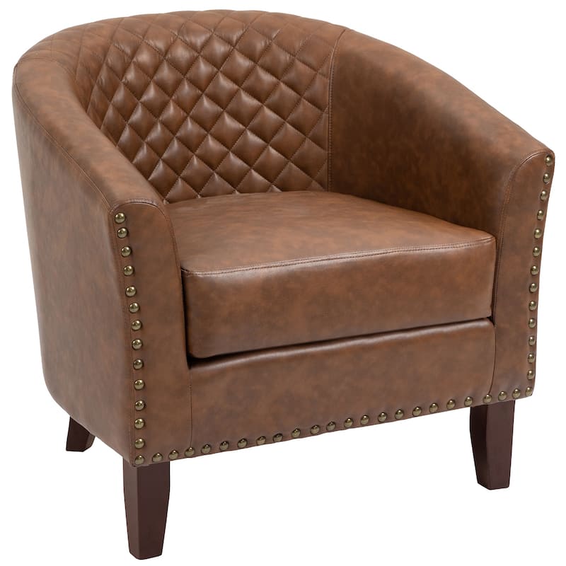 2 Set 29" W Vegan Leather Barrel Accent Chairs with Nailheads Trim