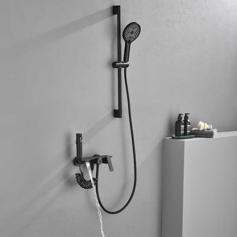 Wall Mount Tub Faucet with Hand Shower Brass Waterfall Tub Filler with Slide Bar Bahttub Faucet with Bidet Sprayer