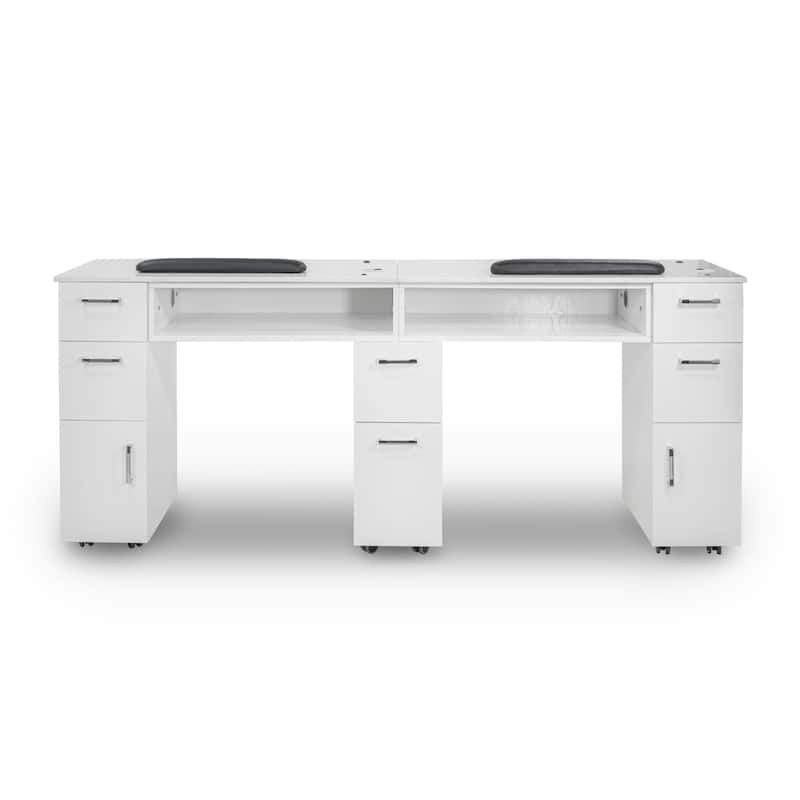 Drexel Manicure Table Double Nail Station Marble Top Desk, White Tufted Cushion - N/A
