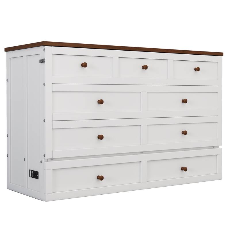 Solid Pine Murphy Bed Chest with Charging Station and Large Storage Drawer