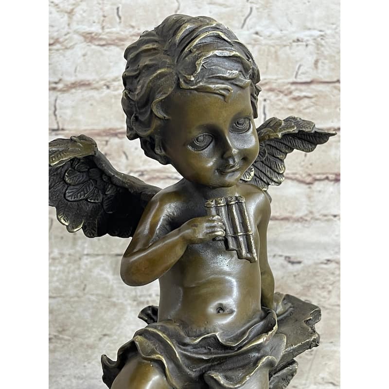 Cherub Angel Playing Pan Flute Hand Made Bronze Sculpture Home Decor