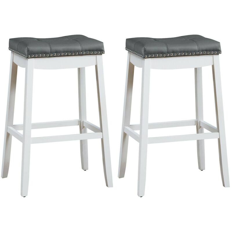 Gymax Set of 2 Nailhead Saddle Bar Stools 29'' Pub Chairs with Rubber - See Details - Bar Height - White - Set of 2