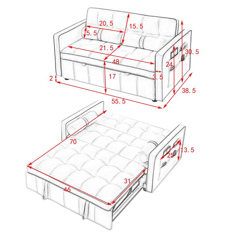 Velvet Sofa Bed with Adjustable Back and Storage Pockets, Multifunctional Sleeper Sofa - Grey