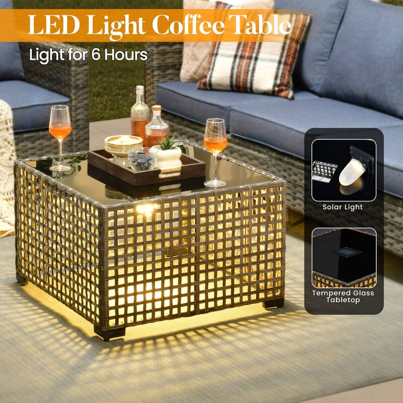 HOOOWOOO 7-piece Patio Furniture Wicker Sofa Conversation Set Fire Pit Table