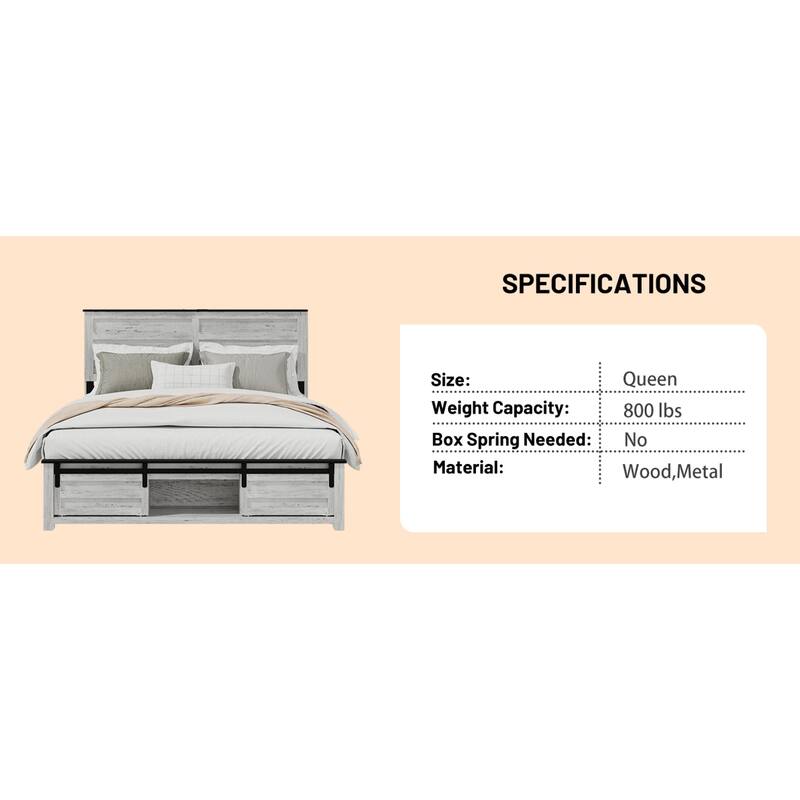 Roomfitters Queen Bed Frame with Upholstered Headboard, Storage Headboard with Charging Station, Wood Platform, Antique White