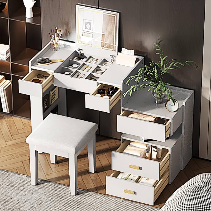 Bedroom Dressing Table and Stool Set of 2, 3-in-1 Makeup Vanity Desk with 3-Color Lighted Mirror & Retractable Side Cabinet