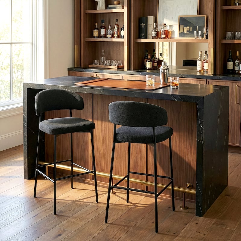 Set of 2 Bennett Black Boucle Upholstered Fabric Bar Stool with Black Iron Legs