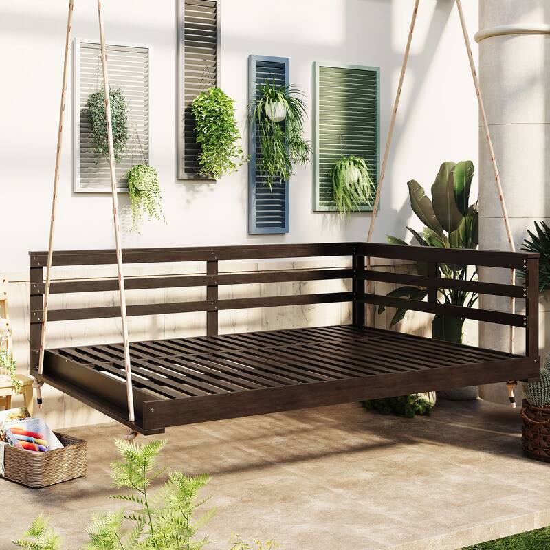 Durable Acacia Wood Porch Swing Bed with Hemp Ropes for Patio and Garden - Brown