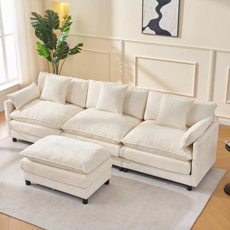 108" L-Shaped Sectional Sofa with Ottoman, 4-Seat Chenille Deep Seat Couch with Pillows, Modern Oversized Sofa for Living Room