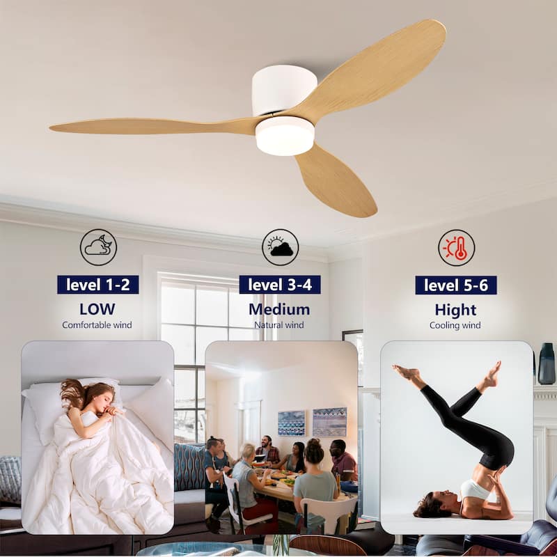 52-inch Ceiling Fan with Light, Ultra-Slim Flush-Mount Design, 3 ABS Plastic Blades, Remote Control Included