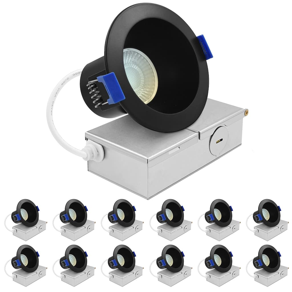 Luxrite 3 in. LED Recessed Ceiling Light J-Box 8W 5CCT 640 Lumens Dimmable Wet Rated Black Trim 12 Pack