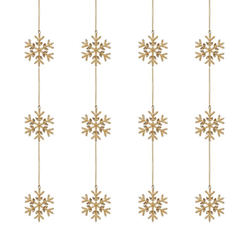 Golden Beaded Snowflake Christmas Hanging Ornaments, Set of 12, 4"