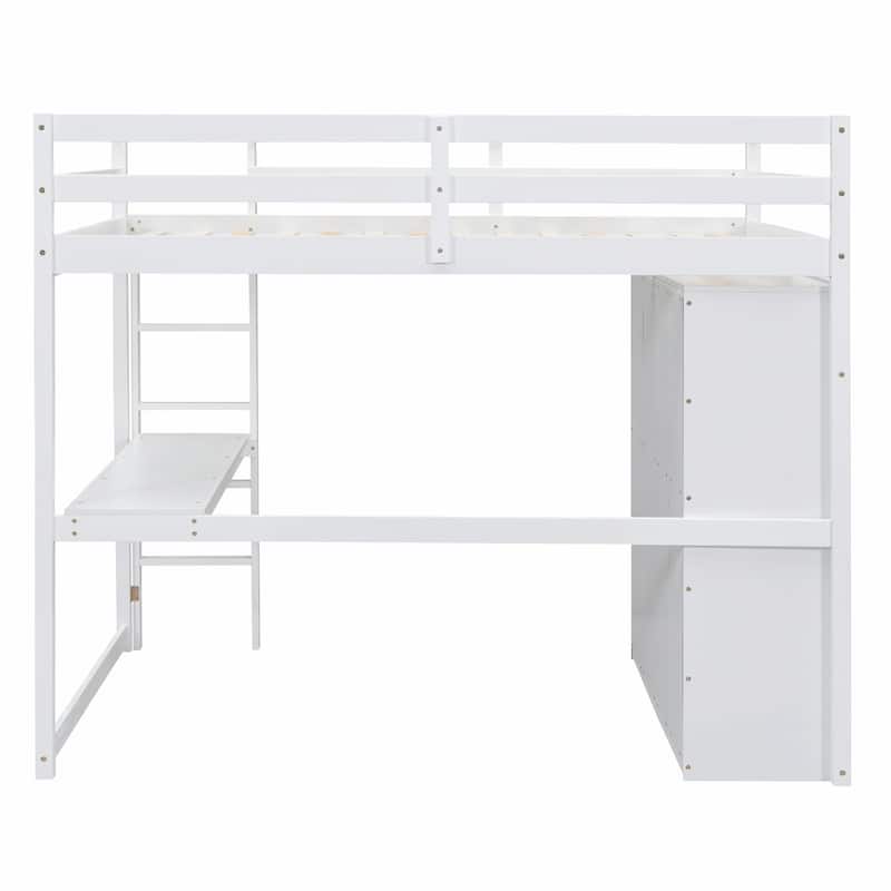 Full Size Loft Bed with Wardrobe, Desk, Storage Shelves, and Drawers