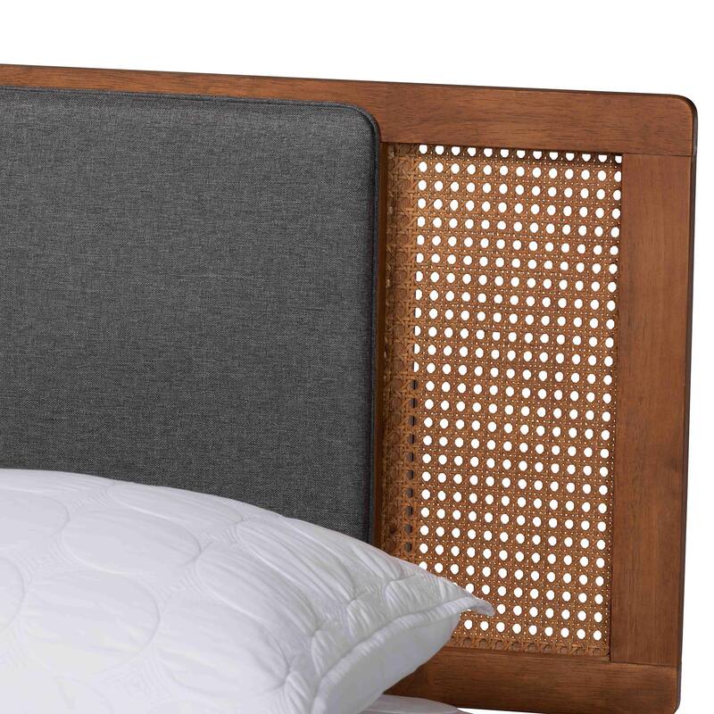 Delfina Mid-Century Modern Dark Grey Fabric and Walnut Brown Finished Wood Platform Bed