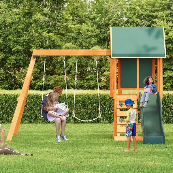 slide 2 of 23, Versatile Playset with Slide Swings and Climbing Wall Green