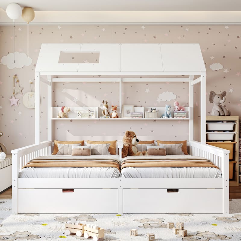 Double Twin Platform Bed with Storage Shelves and Drawers, House Platform Bed with Support Slats, Childlike