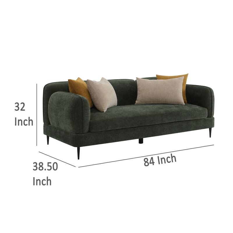 Dija Sofa with 4 Accent Throw Pillows, 84 Inch, Dark Green Chenille