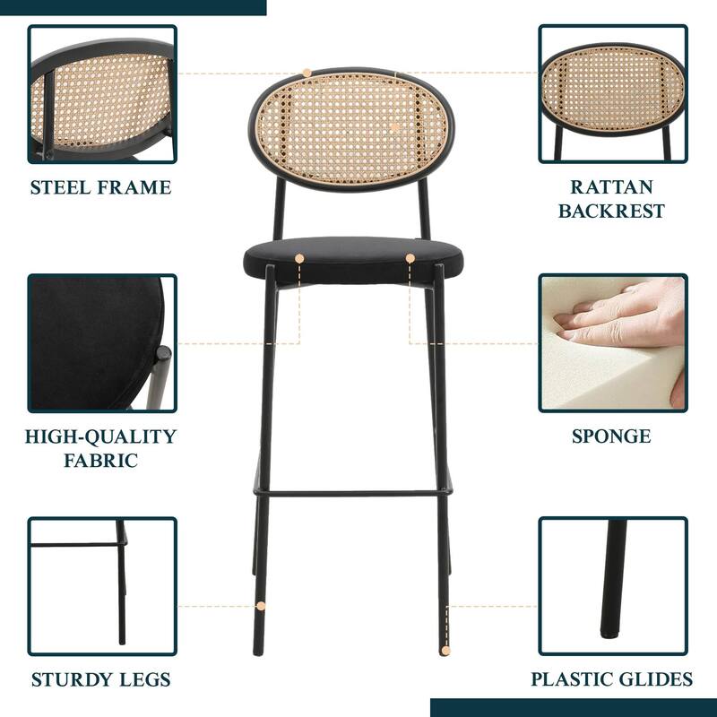 LeisureMod Euston Wicker Bar Stool with Powder Coated Steel Frame, Set of 2 - 42"
