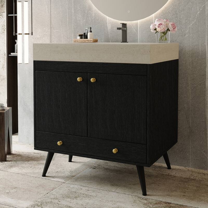Contemporary 30" Freestanding Bathroom Vanity with Faux Marble Top & Ceramic Sink, Double Door Cabinet