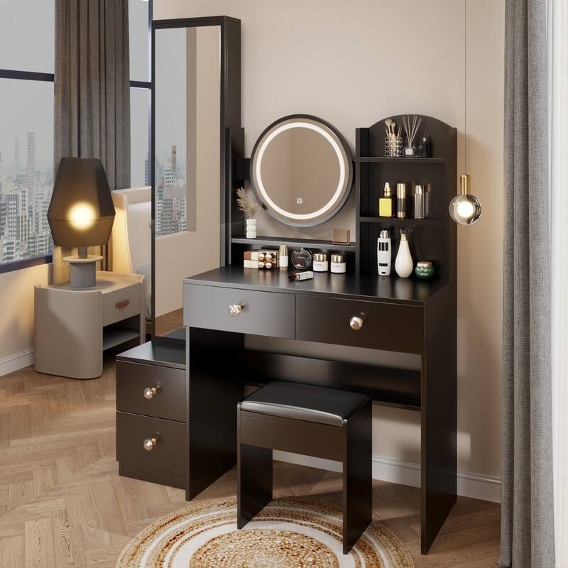 Adjustable LED Makeup Vanity with Round Mirror and Cushioned Stool