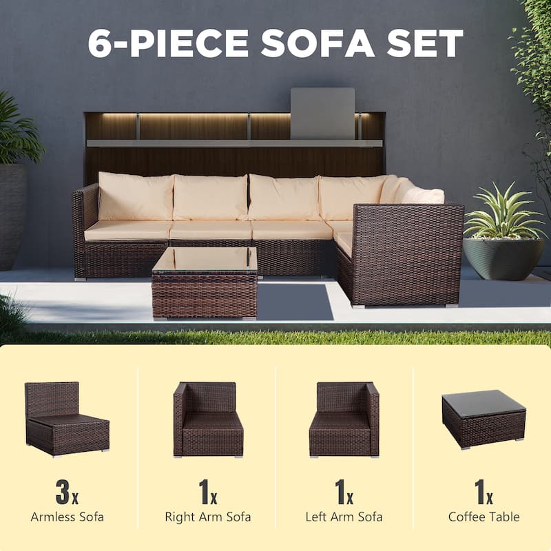 6-Piece Outdoor Rattan Patio Conversation Furniture Set for Backyard, Poolside
