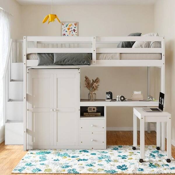 slide 2 of 60, Space-Saving Multifunctional Wood Loft Bed for Kids, Full Size White