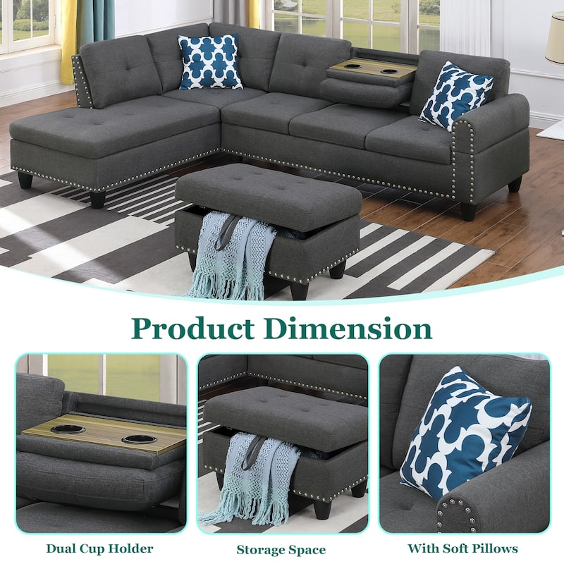 HOMEFUN Linen/Leather Upholstered L-Shaped 4-seater Multifunctional Sectional Sofa with Storage Ottoman,Cup Holder