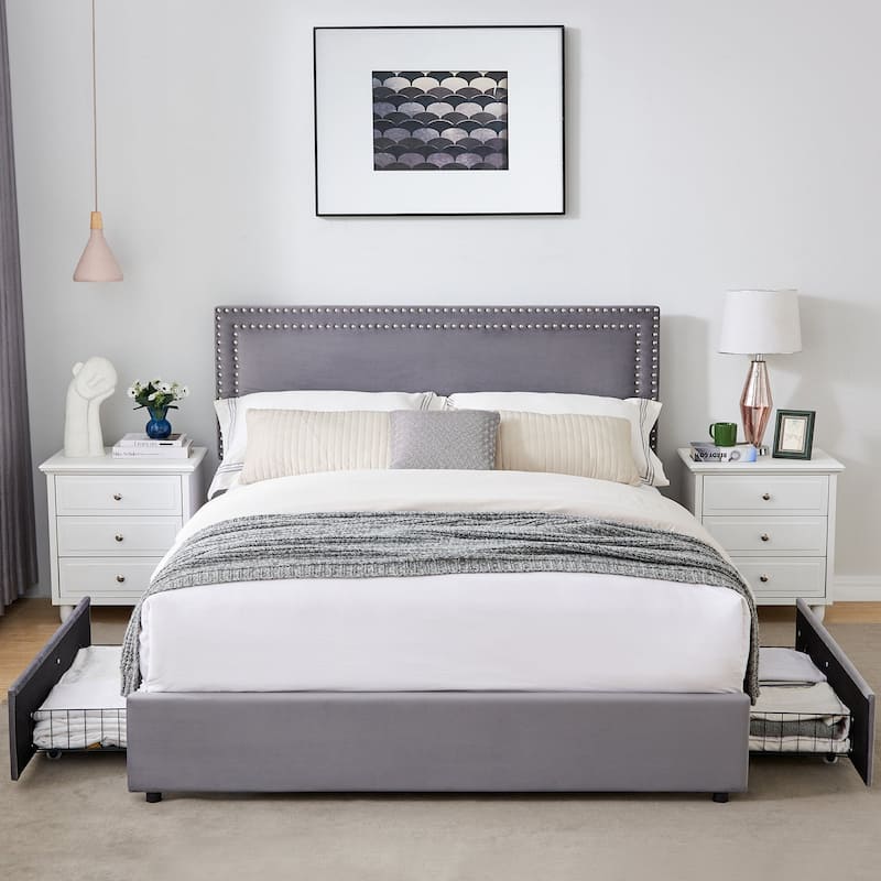 Modern Upholstered Bed Frame with 4 Storage Drawers, Platform Fabric Bed with Button Tufted Headboard - Grey - Queen