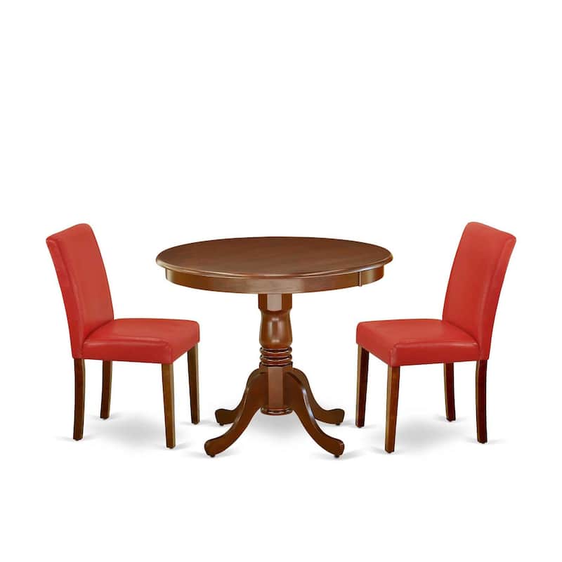 Dinette Set 3Pc Table & Chairs - 36 Inch Round Kitchen Table with PU Leather Parsons Chairs - Firebrick Red