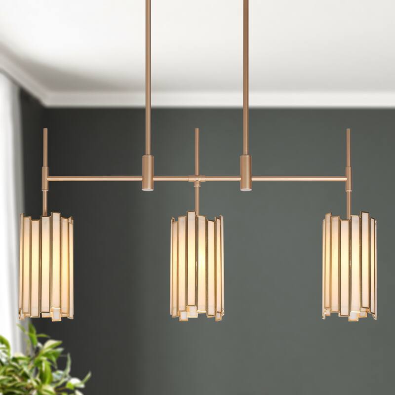 Tifany Moden Gold 3-Light Linear Chandelier Textured Glass Kitchen Island Light - L 30" x W 4.3" x H 17.3"