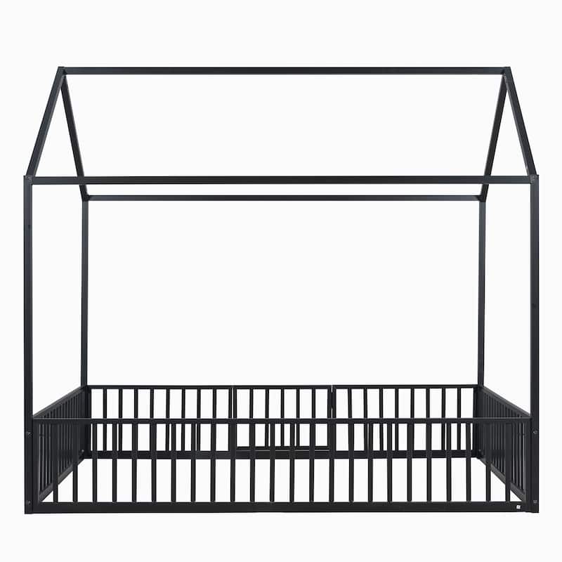 Black Full Size Metal House Bed with Fence, Roof, and Door for Kids' Bedroom