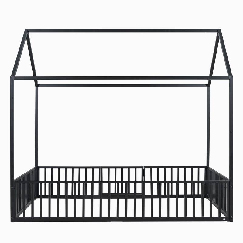 Creative House Design Twin/Full Size Metal Bed with Guardrails and Playful Fence - Ideal for Kids' Bedroom