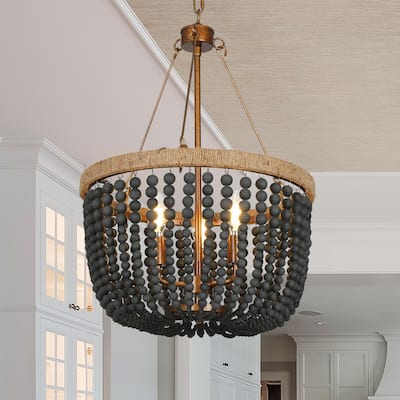 Farmhouse Coastal Wood Beaded Drum Chandelier 3-light Black Dining Room Bedroom Lighting with Hemp Rope - D16'' * H23''