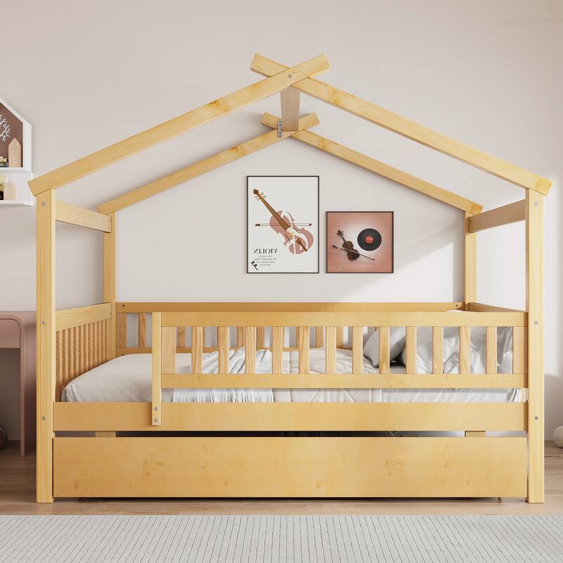 Full Size Wooden House Bed with Twin Size Trundle